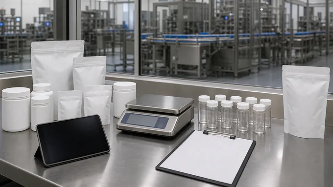 Regulatory review workspace with blank supplement packaging samples and clean compliance tools without readable text