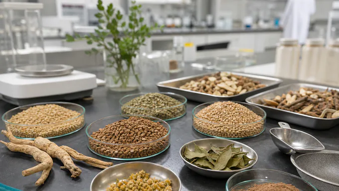 Standardized botanical granules arranged in a clean lab setting with blurred neutral background materials