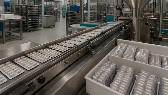 Unlabeled blister strips of tablets arranged for retail packaging in a clean production environment