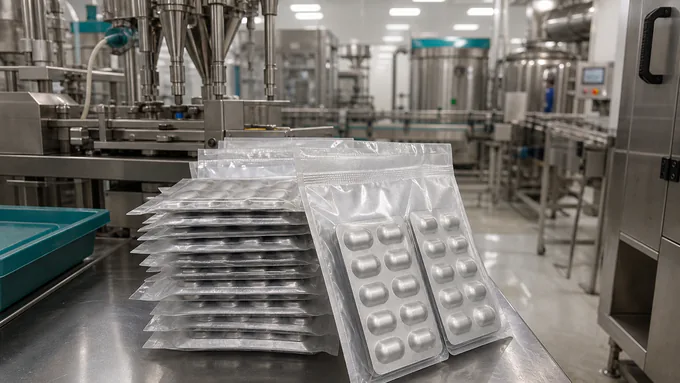 Unlabeled supplement blister cards with tamper-evident packaging on a clean stainless bench