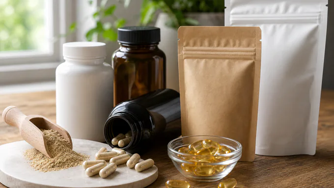 Unlabeled supplement packaging formats arranged with capsules, powder, and softgels in a clean natural product setting
