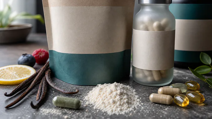Unlabeled supplement pouches and bottles with citrus slices, berries, and vanilla pods as flavor cues