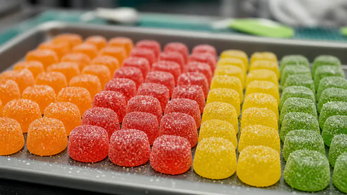 Vibrant fruit-flavored gummies arranged for color and size consistency prior to packaging