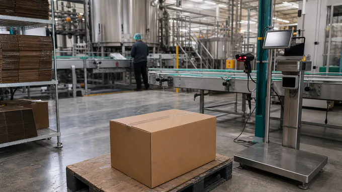 Warehouse associate scanning an unmarked carton on a pallet in an organized supplement fulfillment area