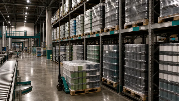 Warehouse racks with shrink-wrapped supplement cases organized for traceable fulfillment without readable labels